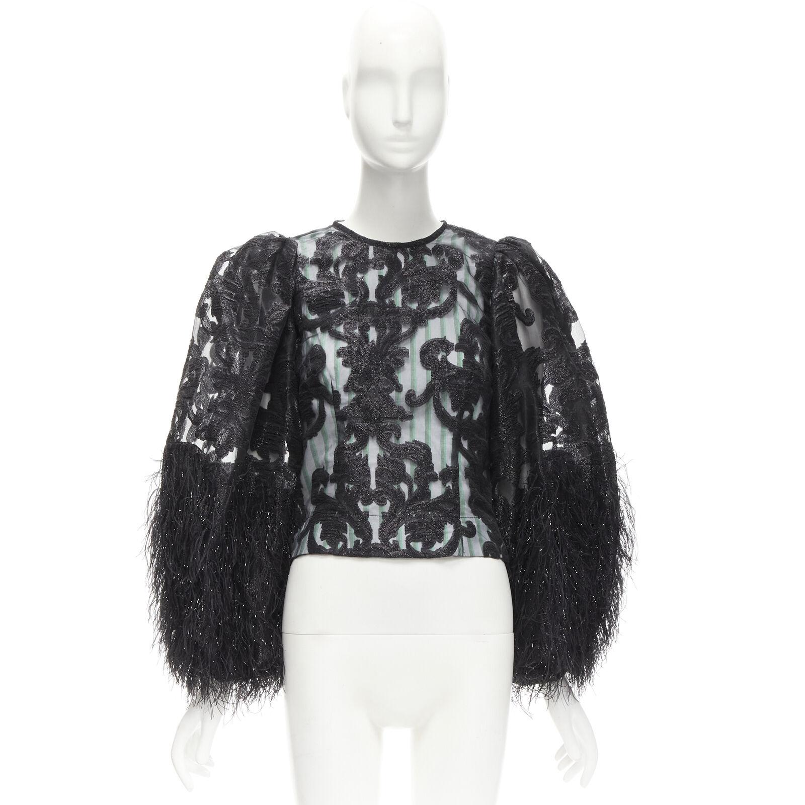 GANNI black lace faux feather balloon sleeves green striped poplin top FR32 XS 3