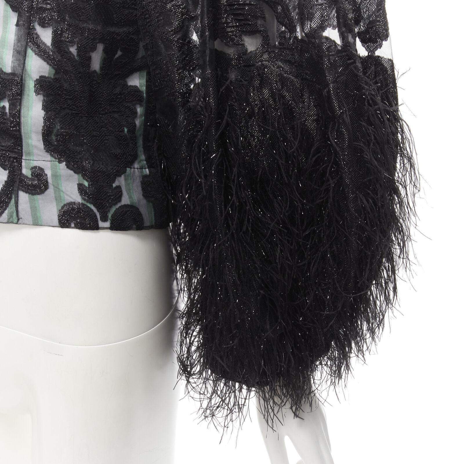 Women's GANNI black lace faux feather balloon sleeves green striped poplin top FR32 XS