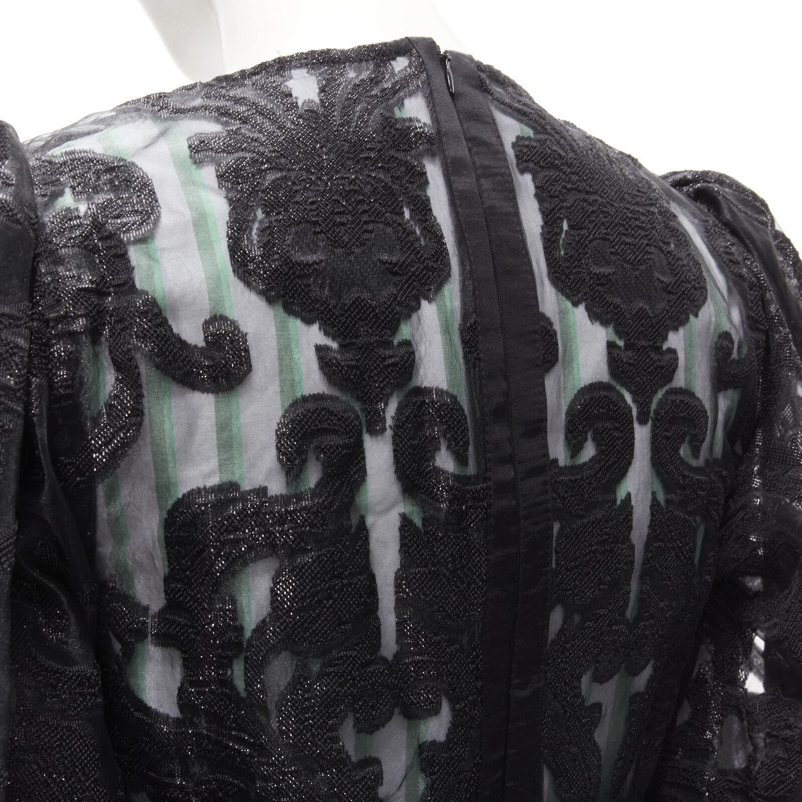 GANNI black lace faux feather balloon sleeves green striped poplin top FR32 XS 1