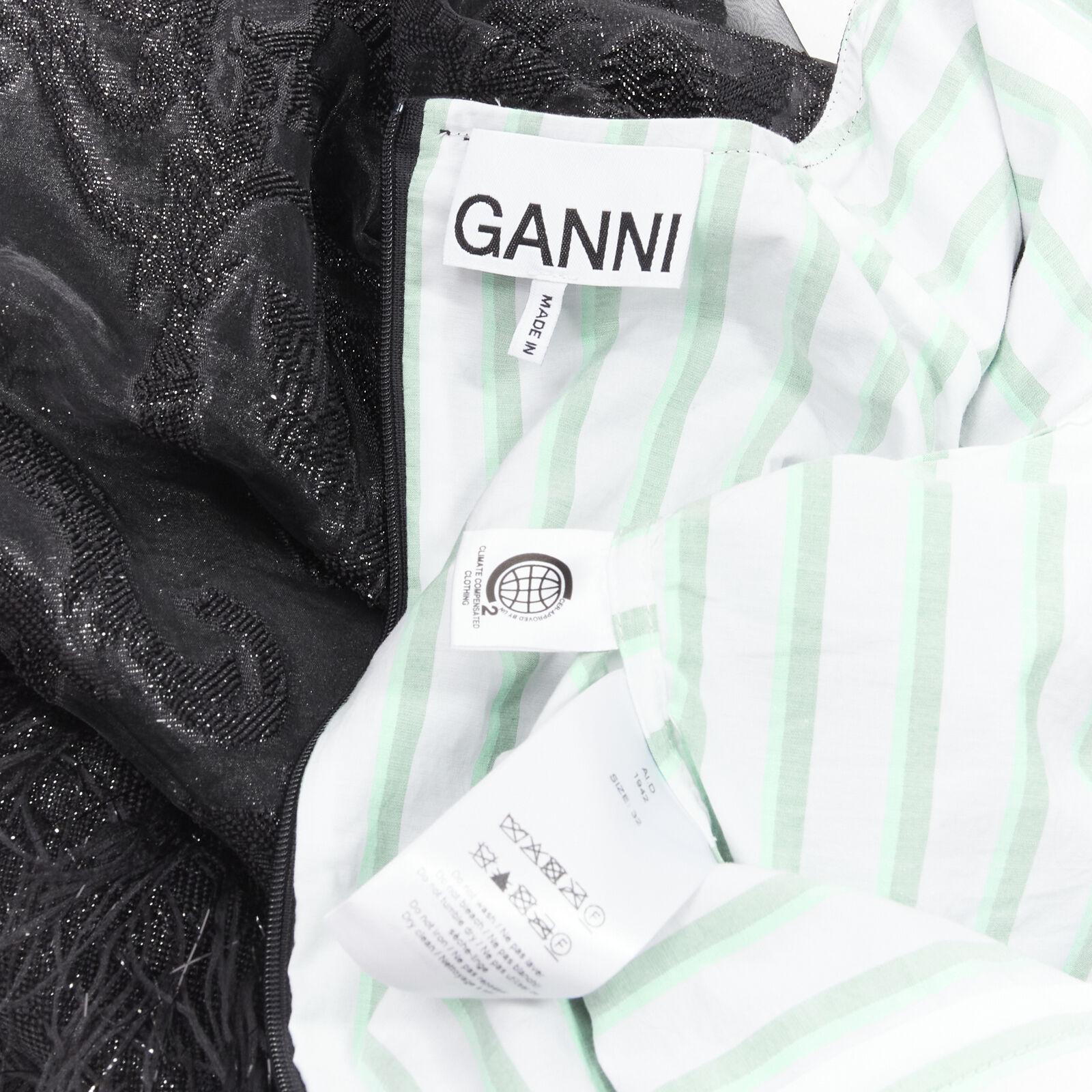 GANNI black lace faux feather balloon sleeves green striped poplin top FR32 XS 2