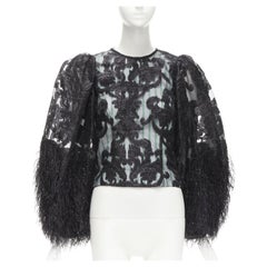 GANNI top in popeline a righe verdi con maniche a palloncino in pizzo nero e finte piume FR32 XS