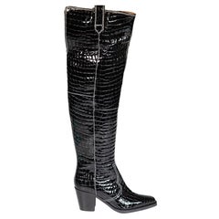 Ganni Black Leather Croc Embossed Knee High Boots Size IT 38
