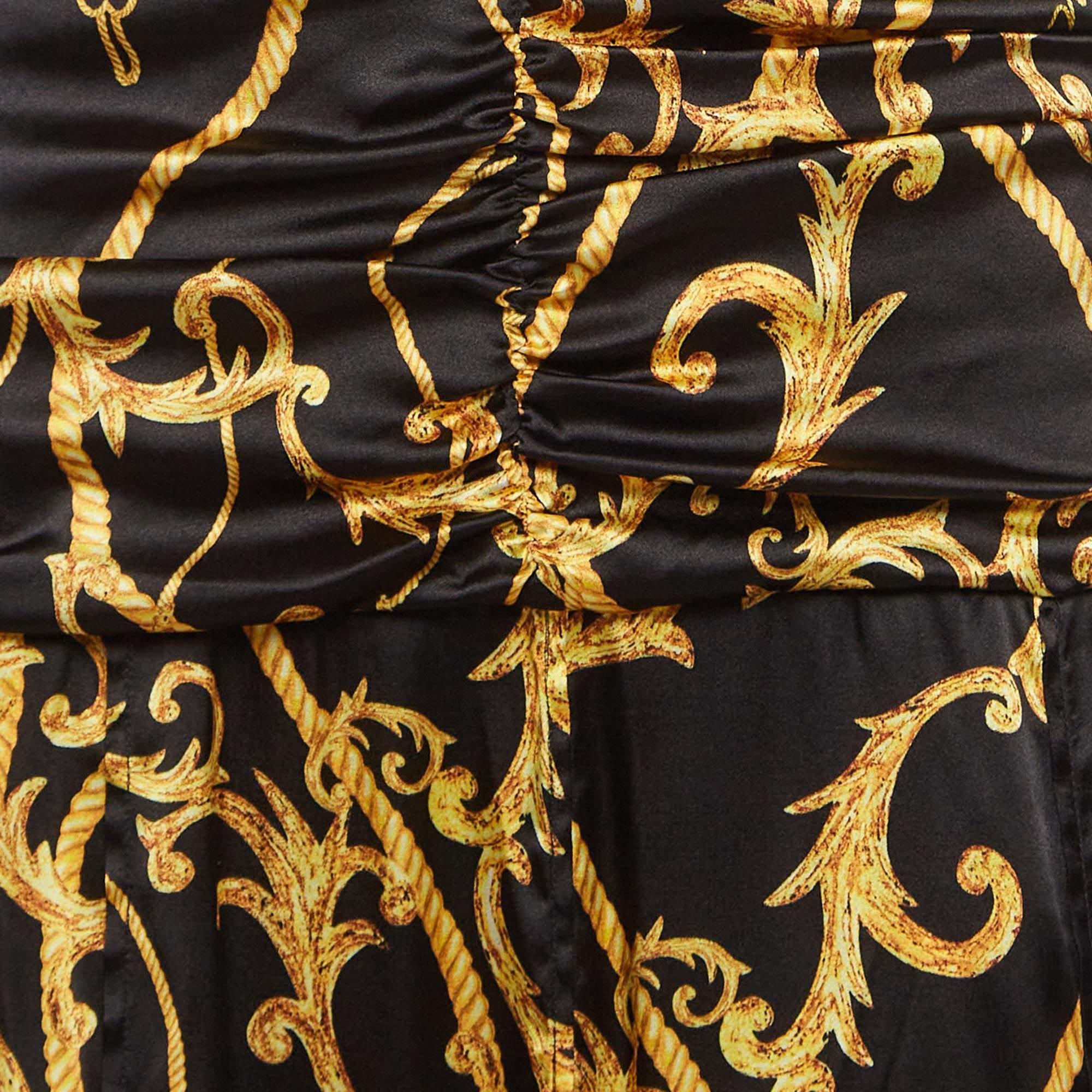 Ganni Black Printed Stretch Satin Ruched Midi Dress S In New Condition In Dubai, Al Qouz 2