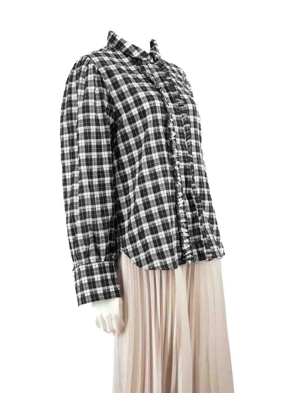 CONDITION is Very good. Hardly any visible wear to shirt is evident on this used Ganni designer resale item.
 
 Details
 Black
 Cotton
 Long sleeves blouse
 Checkered pattern
 Slightly sheer
 Ruffles detail
 Front button up closure
 Buttoned cuffs

