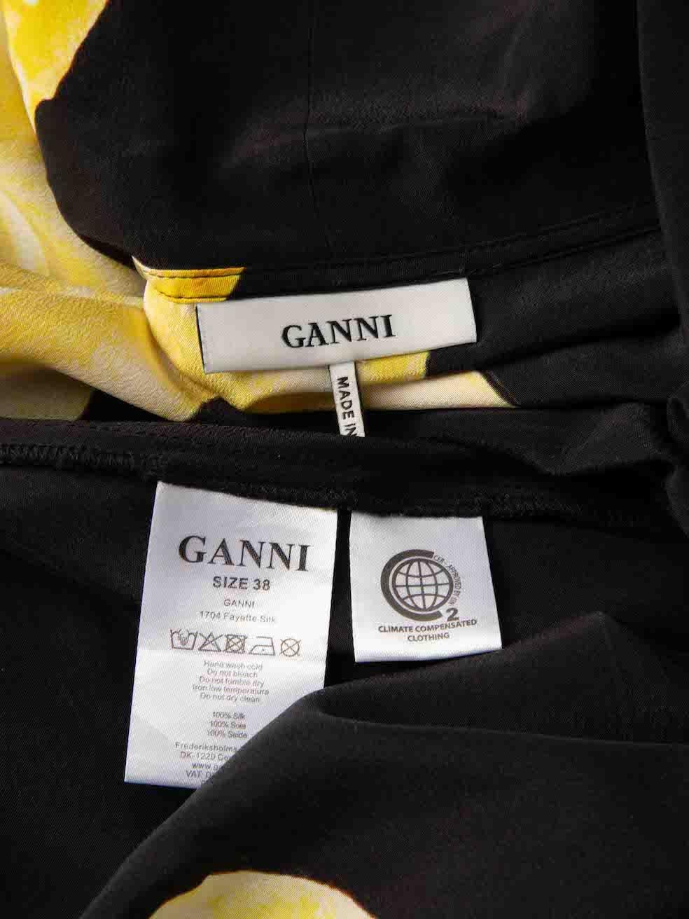 Women's Ganni Black Silk Fayette Rose Print Wrap Dress Size M