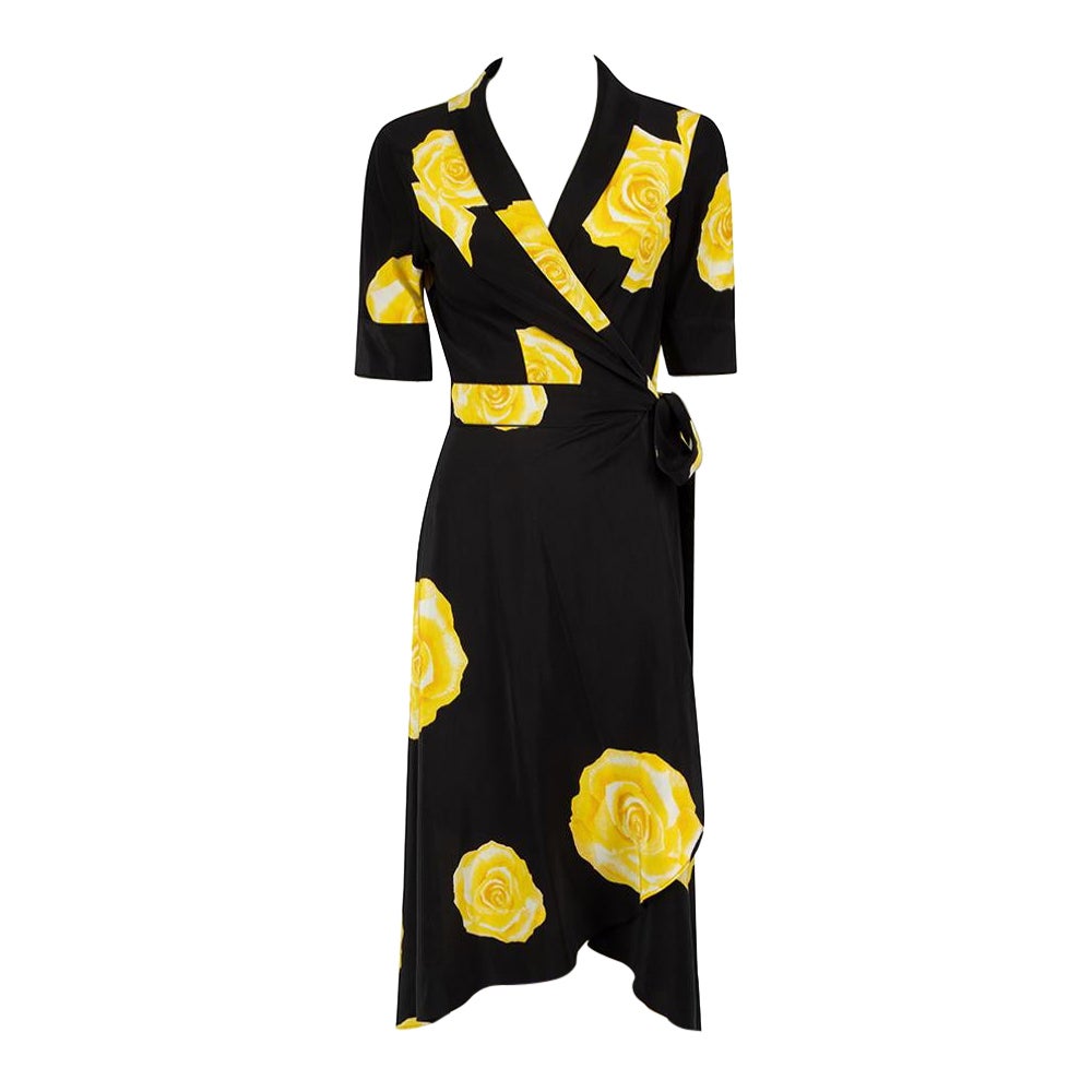 Ganni Black Silk Fayette Rose Print Wrap Dress Size M