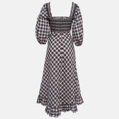 Ganni Black/Sweet Lilac Checked Cotton Blend Smocked Seersucker Maxi Dress XS