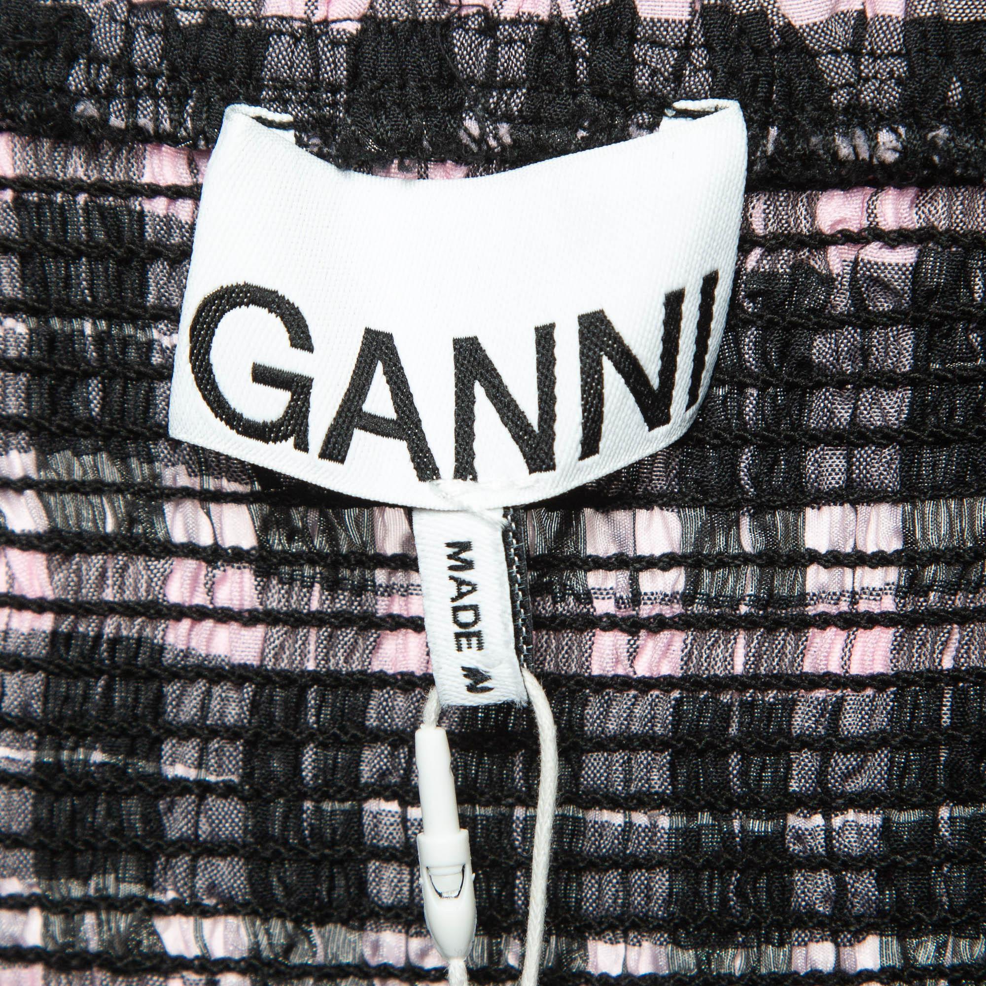 De las mujeres Ganni Maxi Vestido Seersucker Negro/Lila Dulce a Cuadros Mezcla Algodón Smocked XS en venta