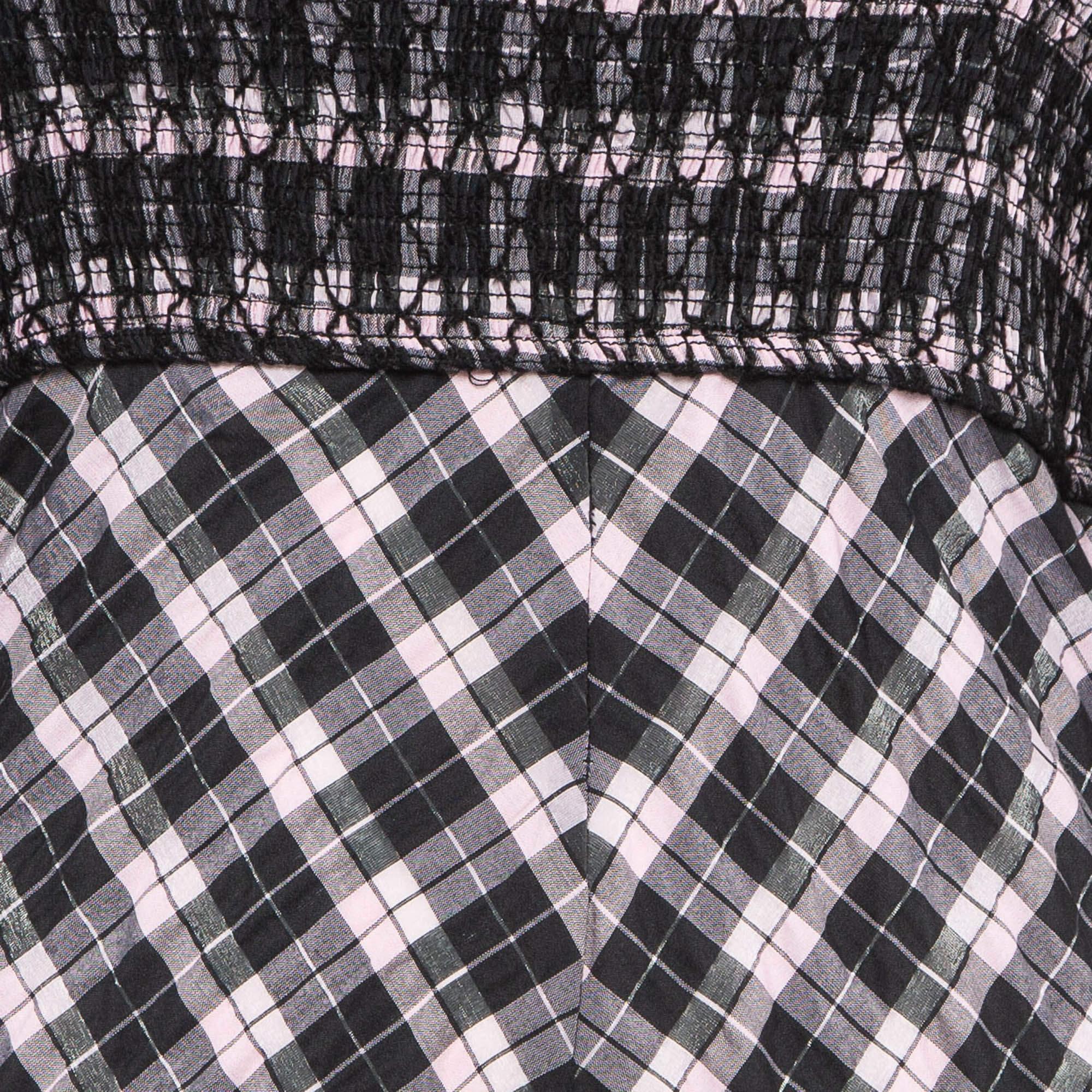 Women's Ganni Black/Sweet Lilac Checked Cotton Blend Smocked Seersucker Maxi Dress XS For Sale