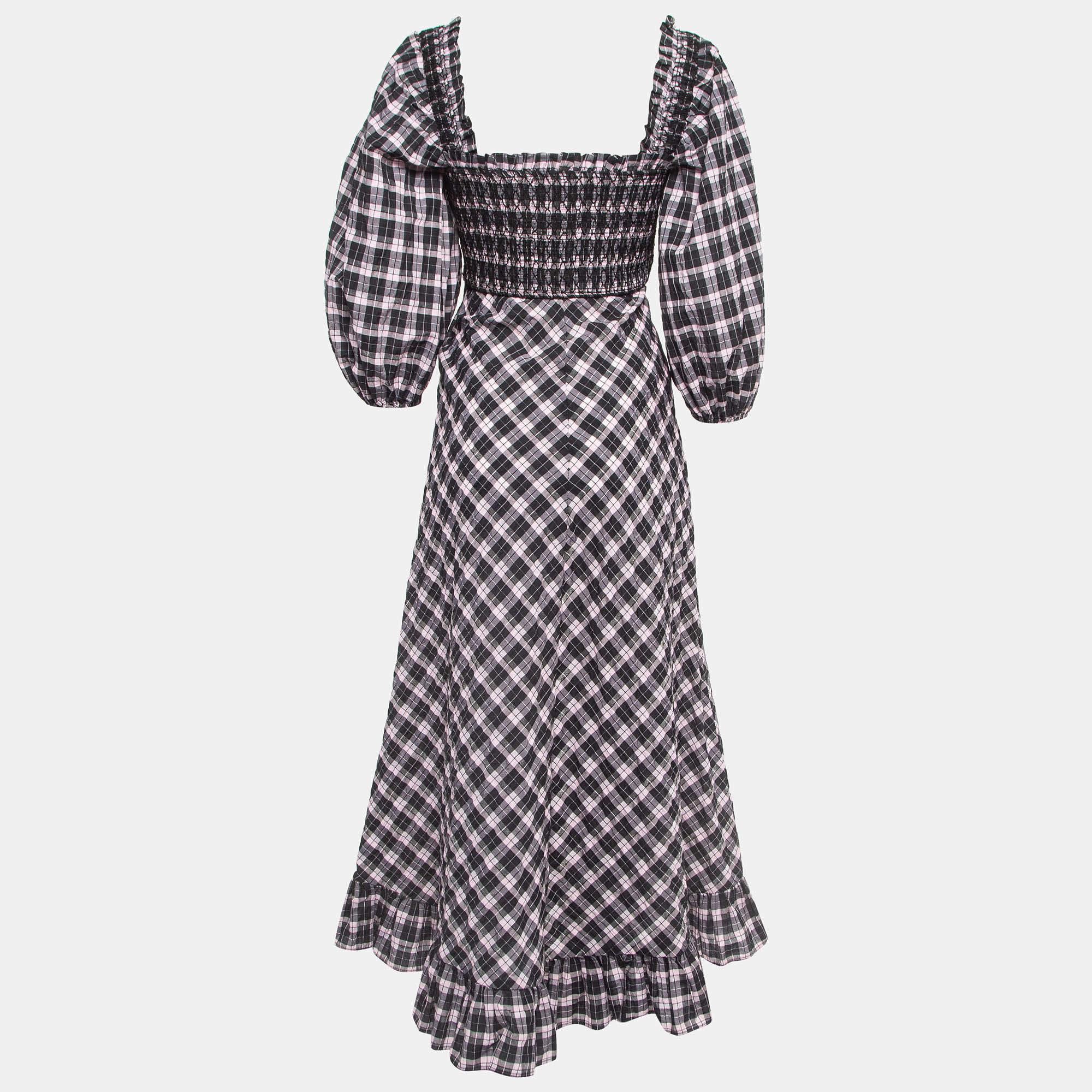 Ganni Black/Sweet Lilac Checked Cotton Blend Smocked Seersucker Maxi Dress XS For Sale 1