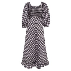 Ganni - Maxi abito in seersucker a quadri in misto cotone nero e lilla XS