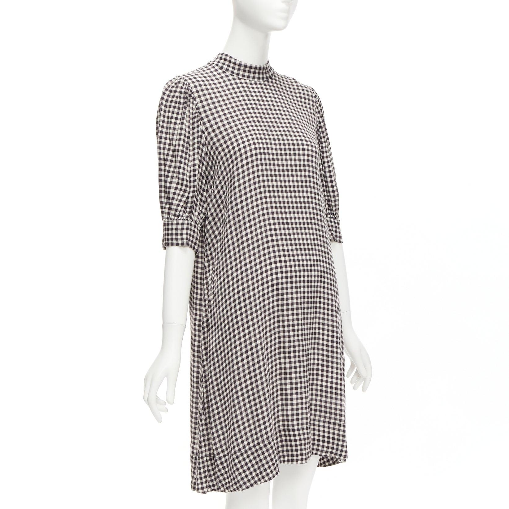 GANNI negro blanco estampado damero cuello alto media manga vestido por la rodilla FR36 S Gris en venta