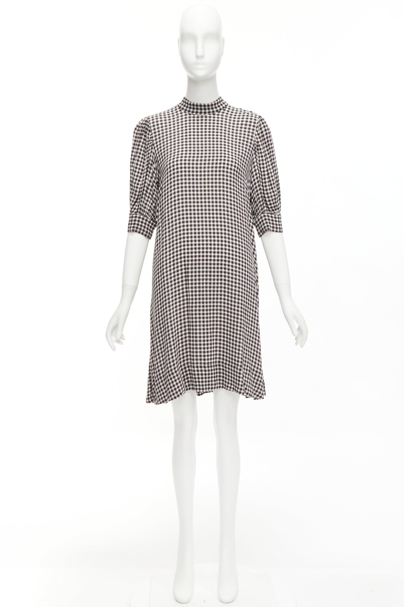 GANNI negro blanco estampado damero cuello alto media manga vestido por la rodilla FR36 S en venta 4