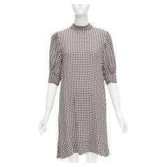 GANNI Schwarz-weißes Kleid mit hohem Ausschnitt und halbärmeln und Schachbrettdruck FR36 S