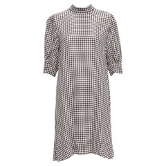 GANNI Schwarz-weißes Kleid mit hohem Ausschnitt und halbärmeln und Schachbrettdruck FR36 S
