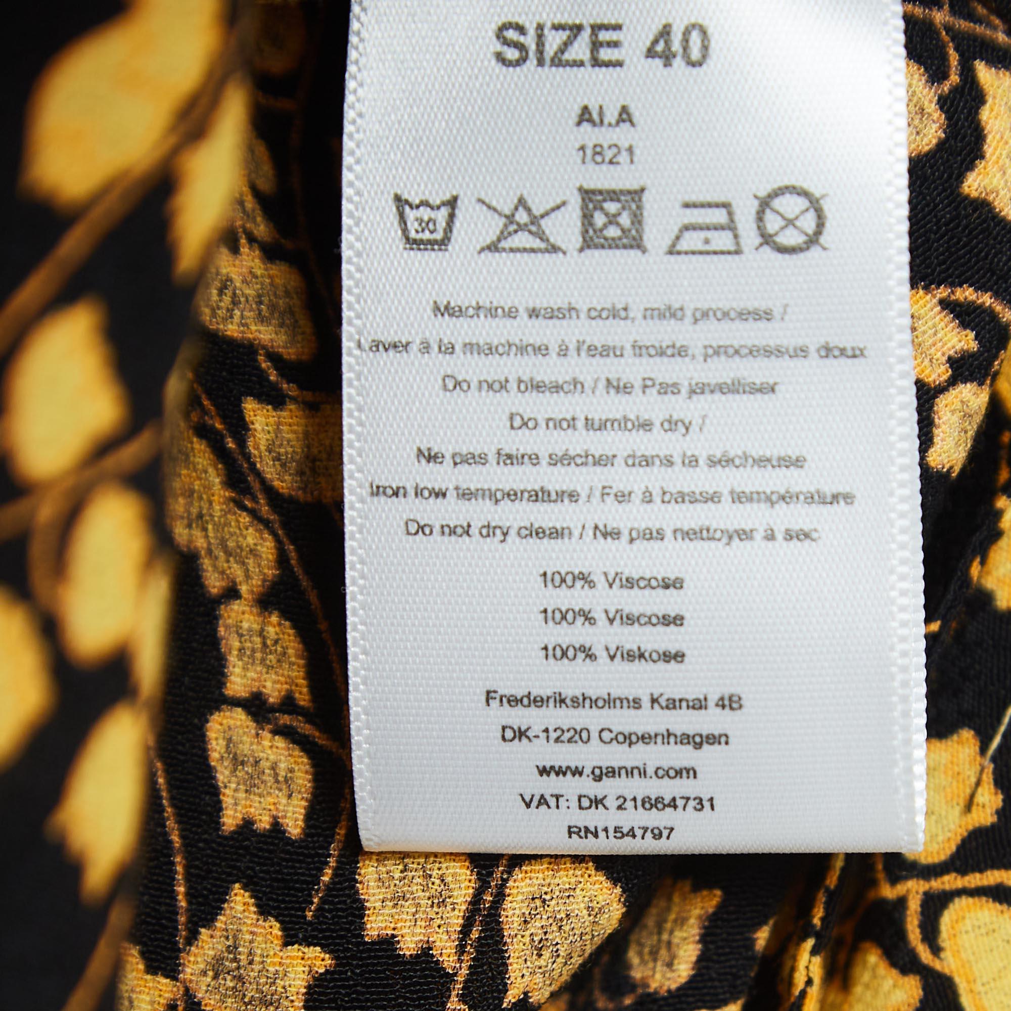 Ganni Black/Yellow Floral Printed Crepe Asymmetrical Skirt L In Excellent Condition For Sale In Dubai, Al Qouz 2