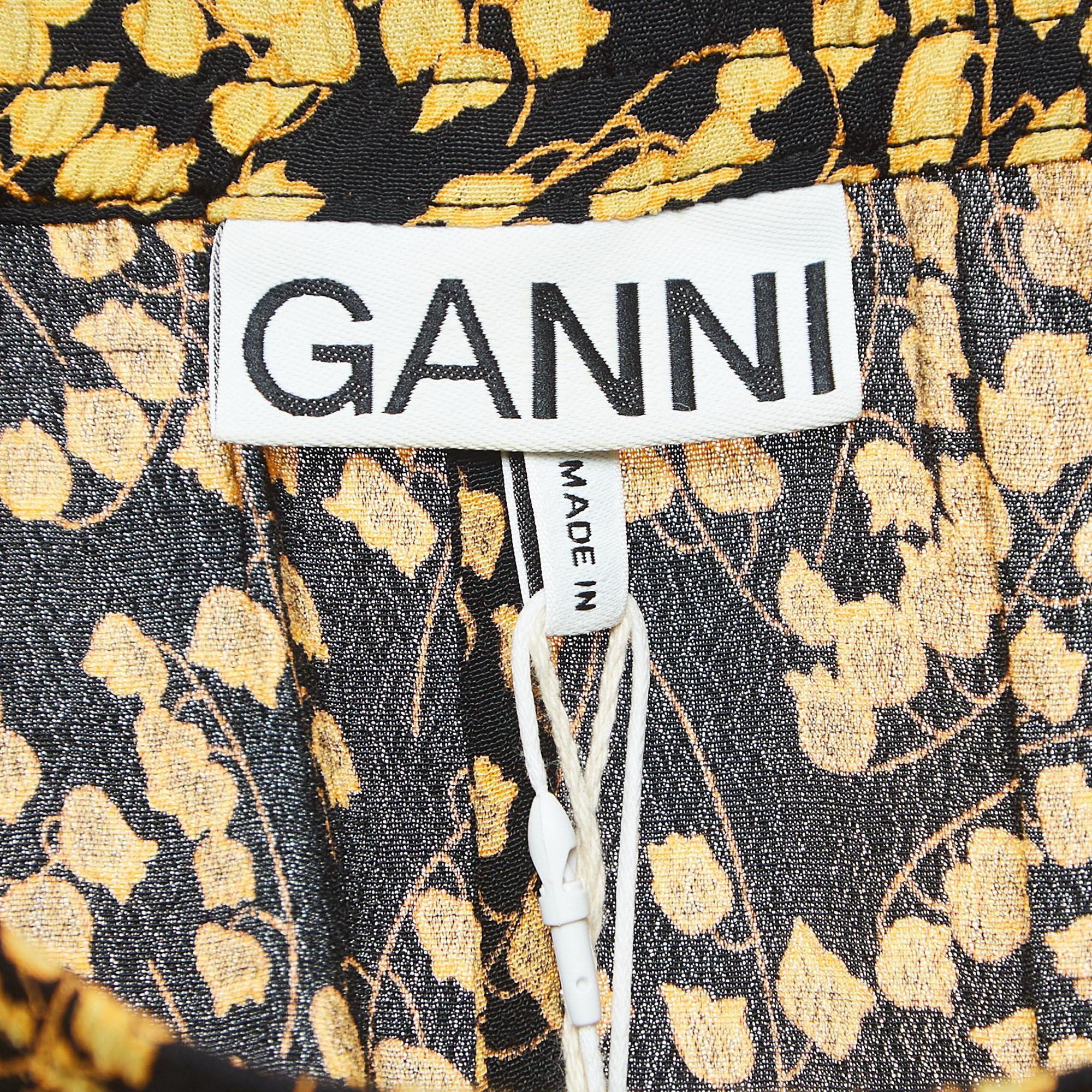 Women's Ganni Black/Yellow Floral Printed Crepe Asymmetrical Skirt L For Sale