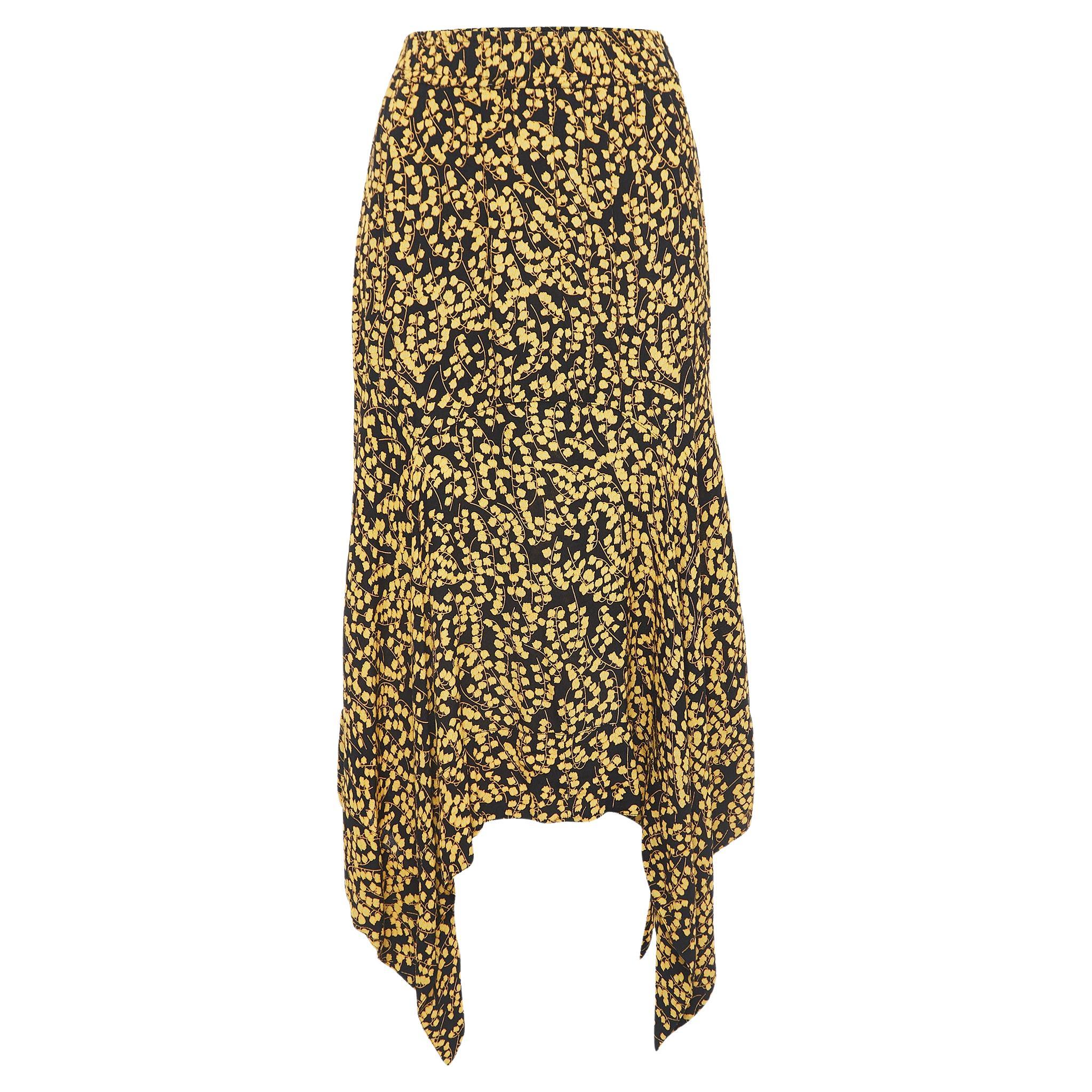Ganni Black/Yellow Floral Printed Crepe Asymmetrical Skirt L For Sale