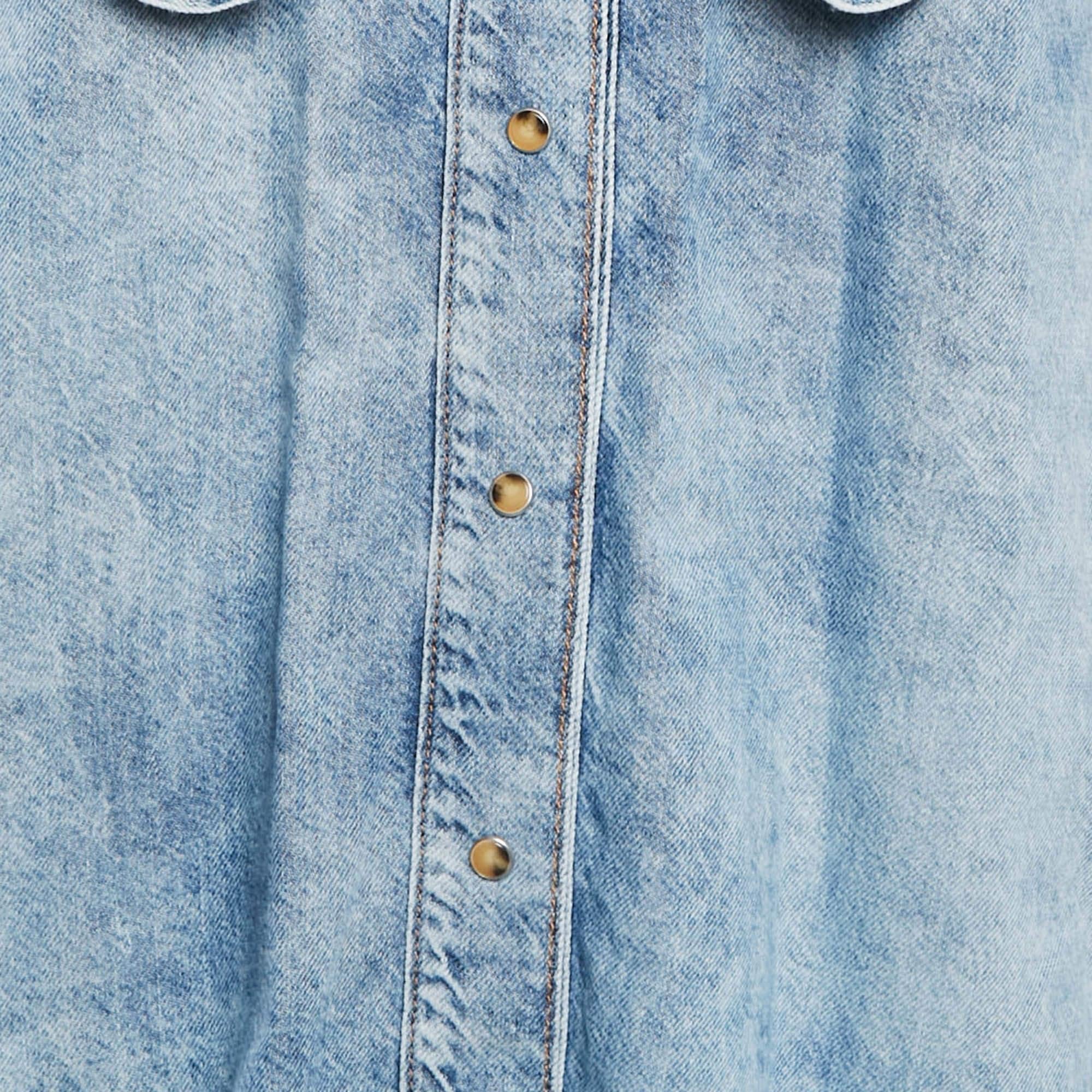 Ganni Blue Denim Ruffled Platter Collar Shirt XL In Good Condition In Dubai, Al Qouz 2