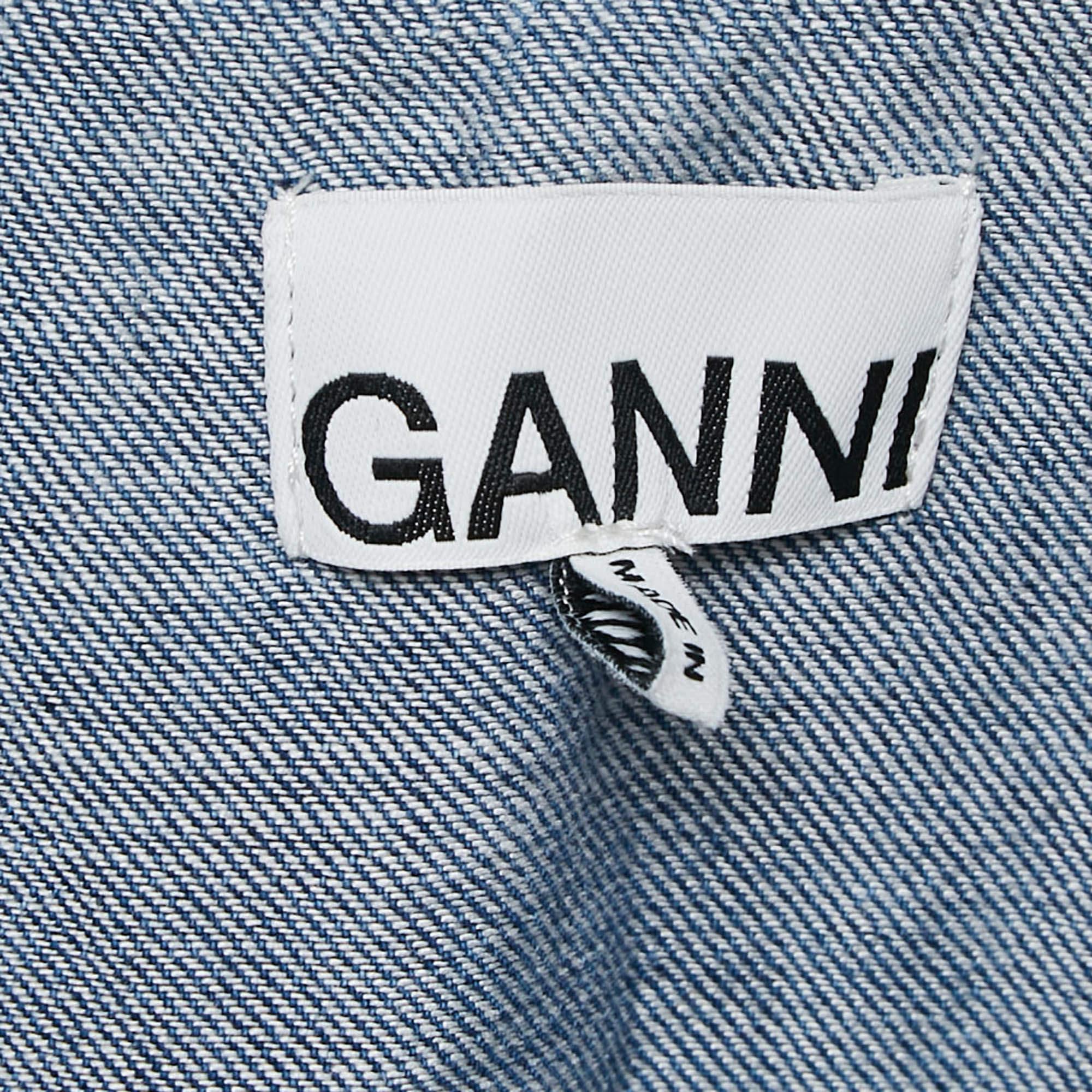 Women's Ganni Blue Denim Ruffled Platter Collar Shirt XL