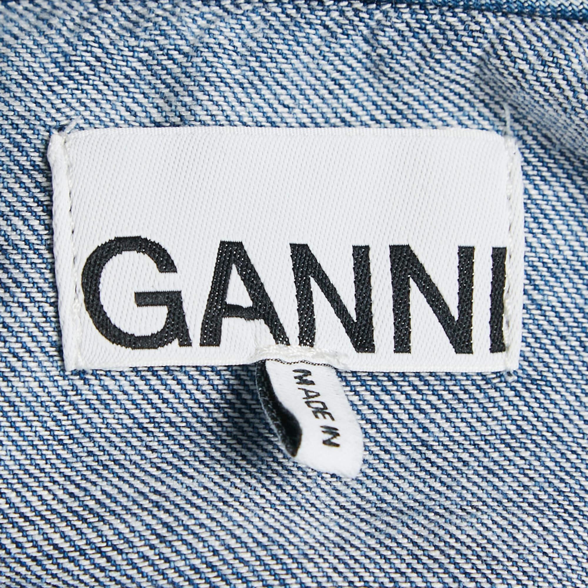 Ganni Blue Denim Ruffled Platter Collar Shirt XL 1