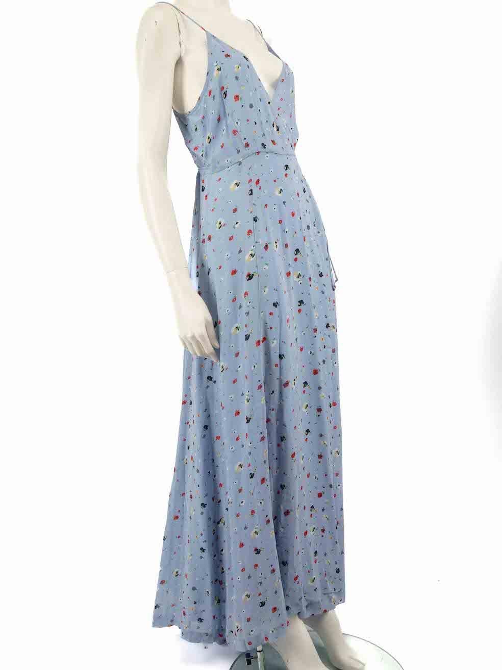 CONDITION is Very good. Hardly any visible wear to the dress is evident on this used Ganni designer resale item.
 
 
 
 Details
 
 
 Blue
 
 Viscose
 
 Midi dress
 
 Floral pattern
 
 Wrap style
 
 V neckline
 
 Tie strap closure
 
 Sleeveless
 
 
