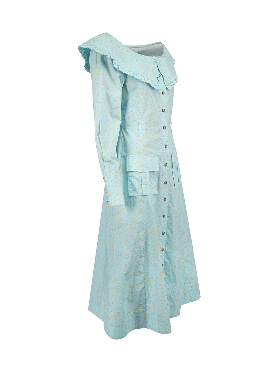 Bleu Ganni - Robe chemise midi bleue à imprimé floral, taille M en vente