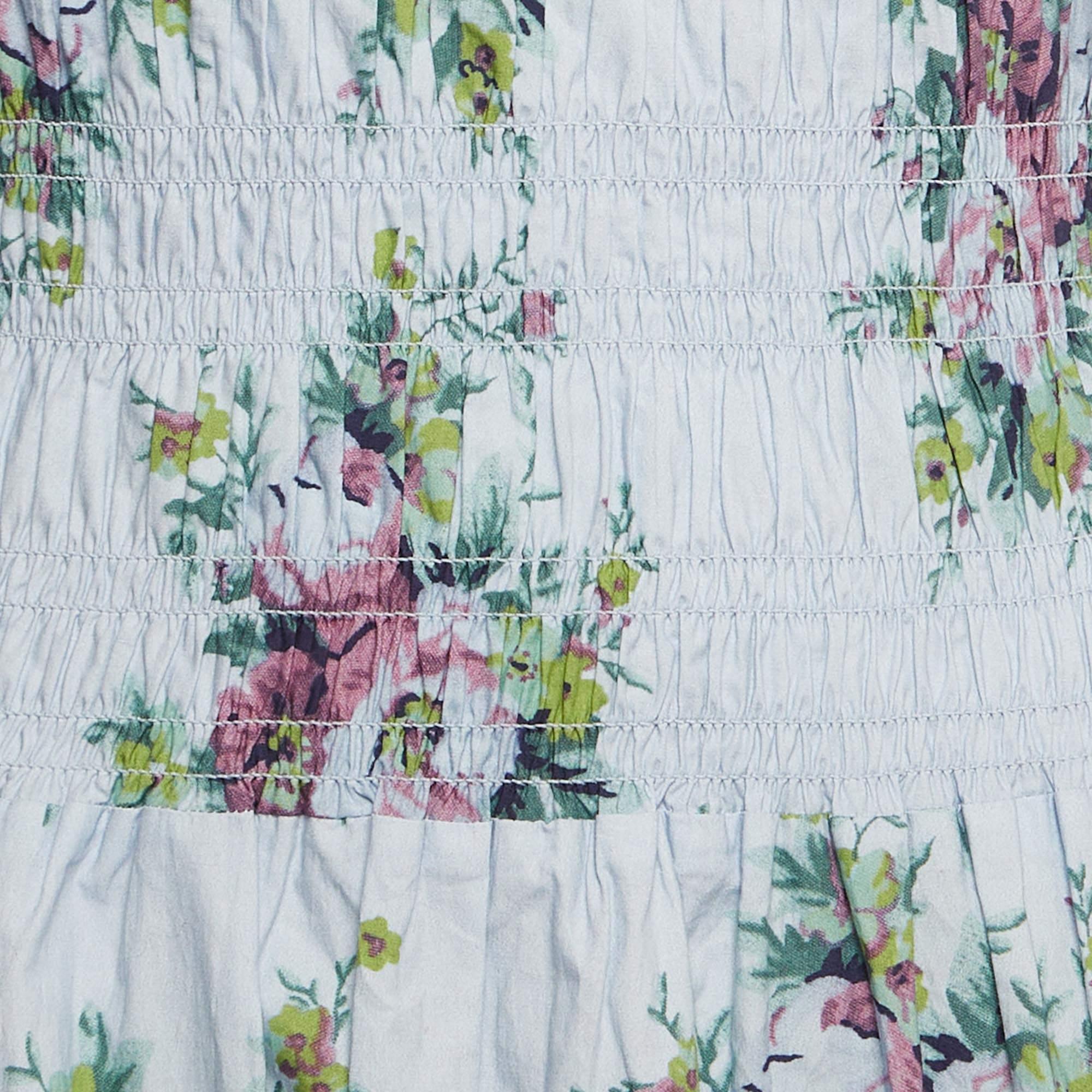 Gray Ganni Blue Floral Print Shirred Cotton Midi Dress XS For Sale