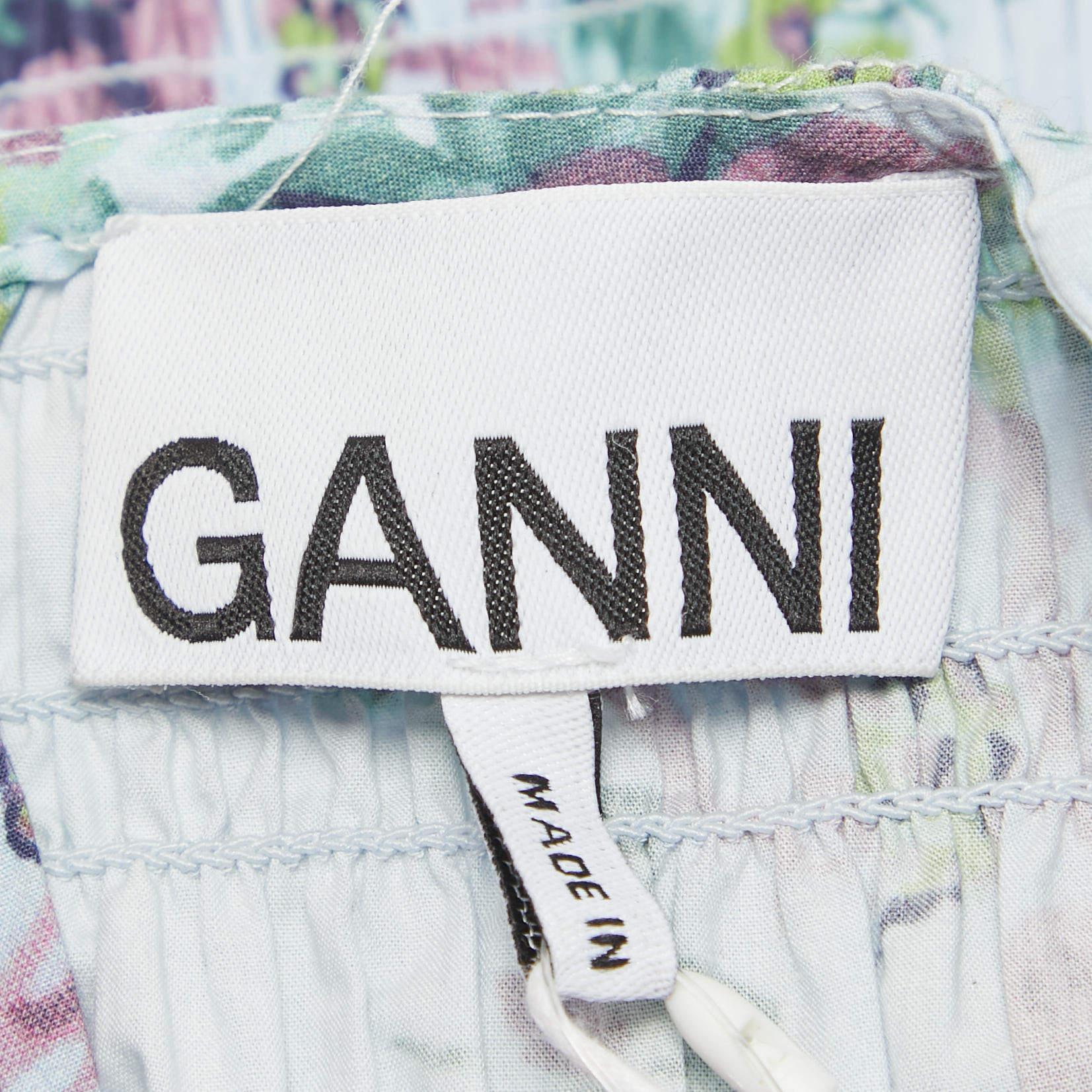 Ganni Blue Floral Print Shirred Cotton Midi Dress XS In New Condition For Sale In Dubai, Al Qouz 2