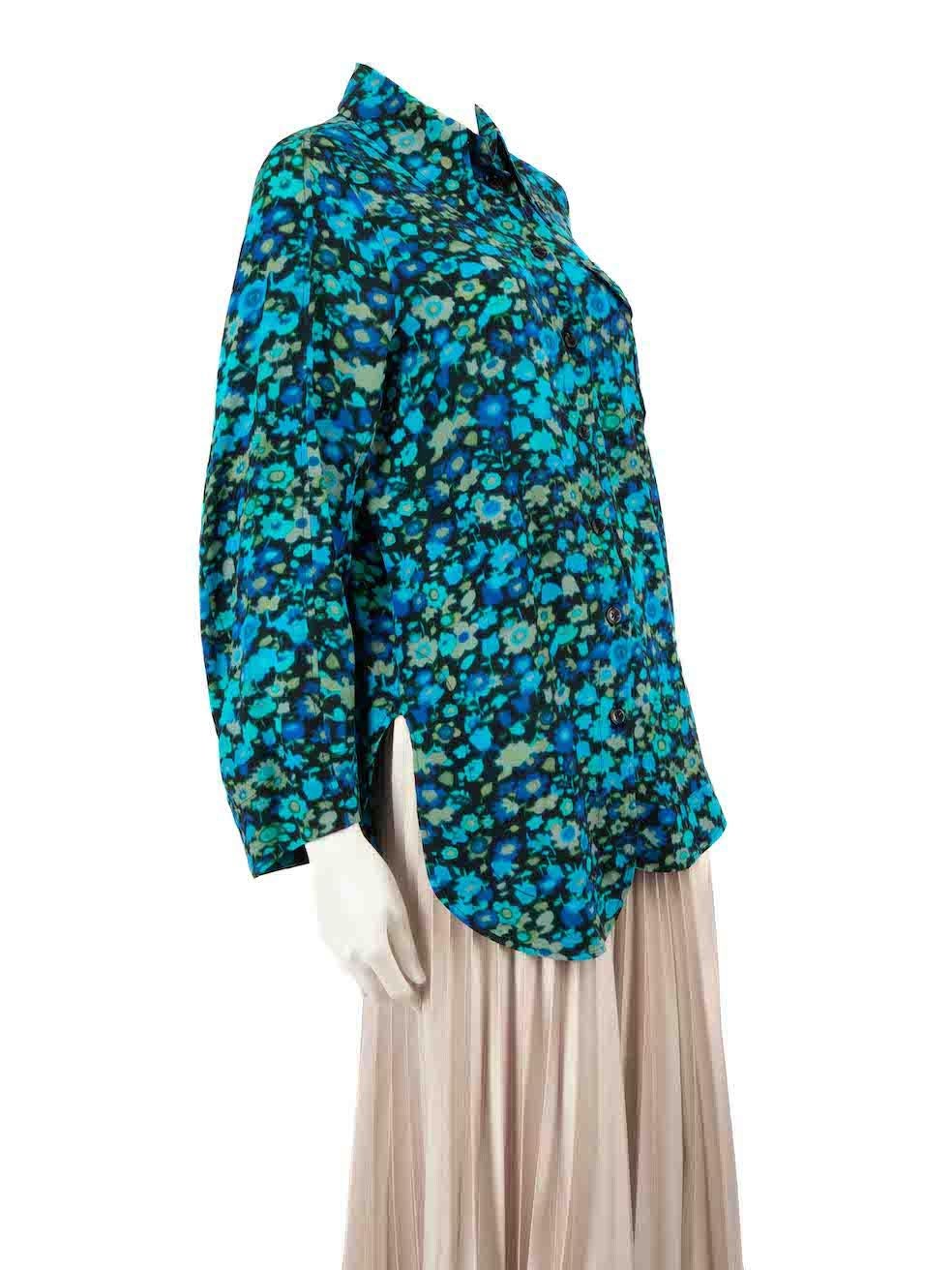 CONDITION is Very good. Hardly any visible wear to shirt is evident on this used Ganni designer resale item.
 
 Details
 Blue
 Viscose
 Shirt
 Floral pattern
 Long sleeves
 Button up fastening
 Asymmetric button placket
 
 Made in China
 

