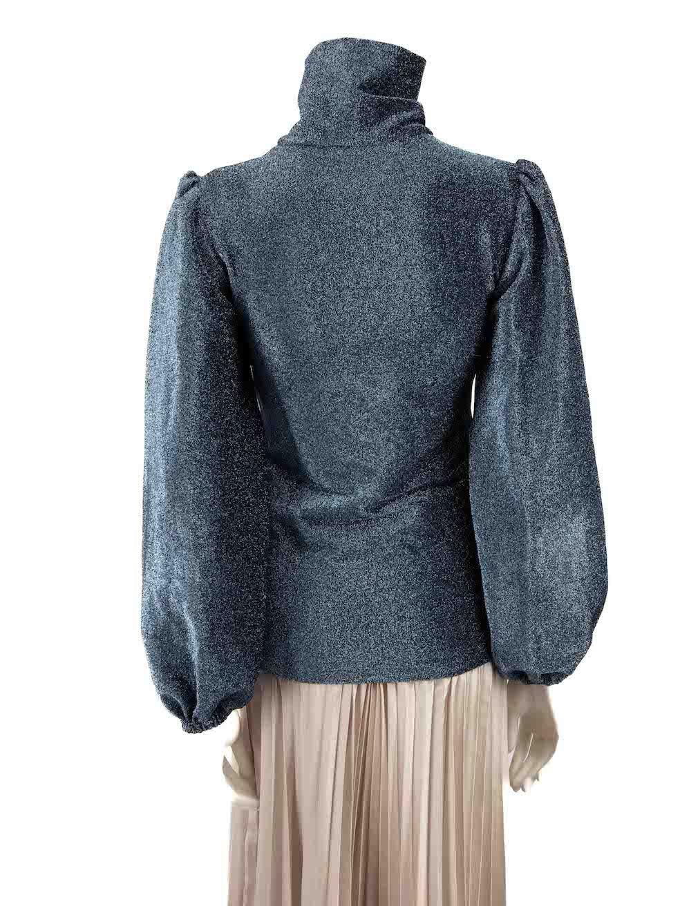 Ganni Blue Glitter Turtleneck Puff Sleeve Top Size XS In Excellent Condition In London, GB