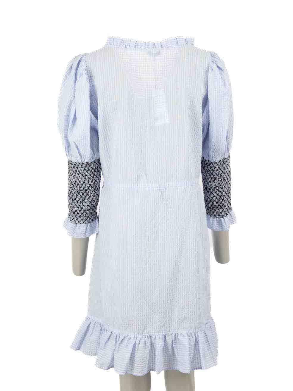 Ganni Blue Seersucker Charron Mini Dress Size M In New Condition For Sale In London, GB