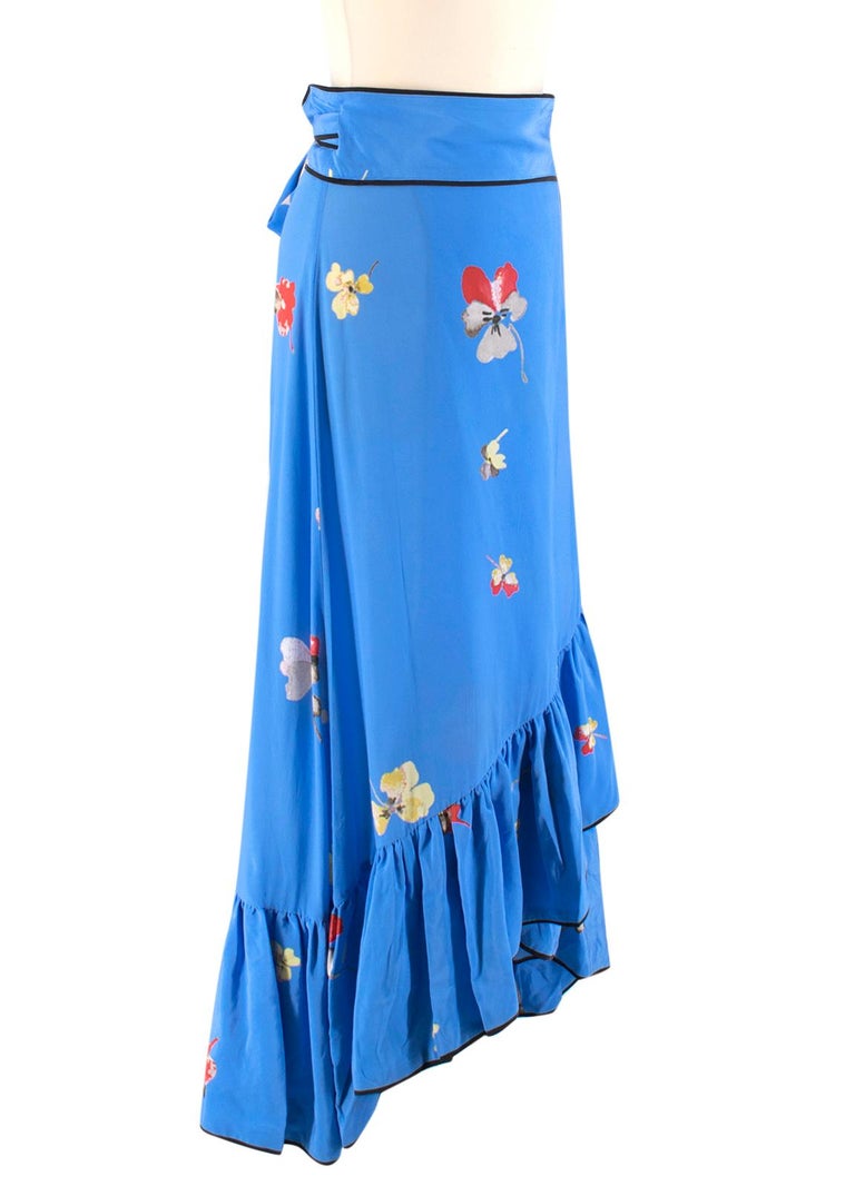 Ganni Blue Silk Floral Printed Joycedale Wrap Skirt SIZE 38 at 1stDibs