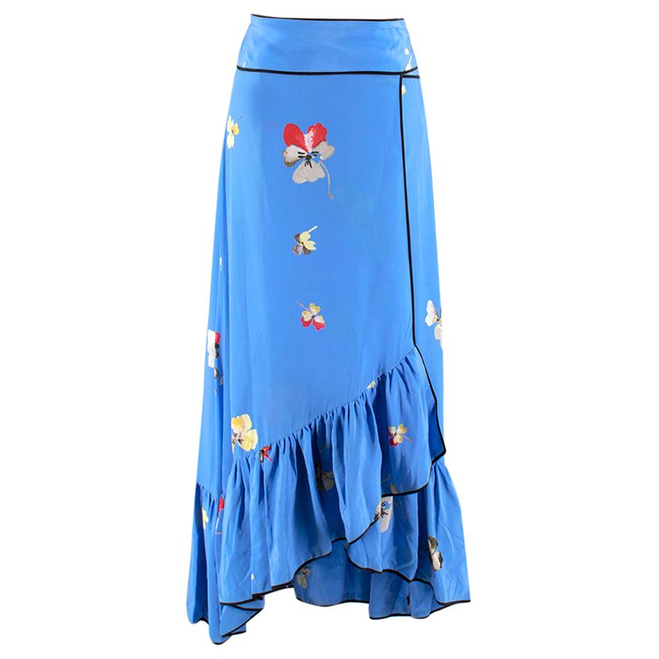 reguleren Speeltoestellen borduurwerk Ganni Blue Silk Floral Printed Joycedale Wrap Skirt SIZE 38 at 1stDibs