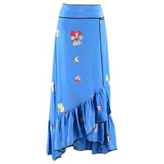 Ganni Blue Silk Floral Printed Joycedale Wrap Skirt SIZE 38