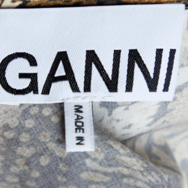Ganni Brown Abstrakter Druck Popeline Wickelkleid S im Zustand „Gut“ im Angebot in Dubai, Al Qouz 2