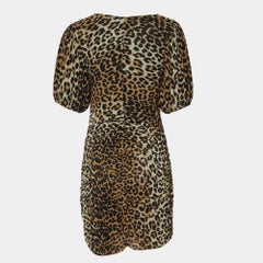 Ganni Brown Animal Printed Mesh Ruched Mini Dress S