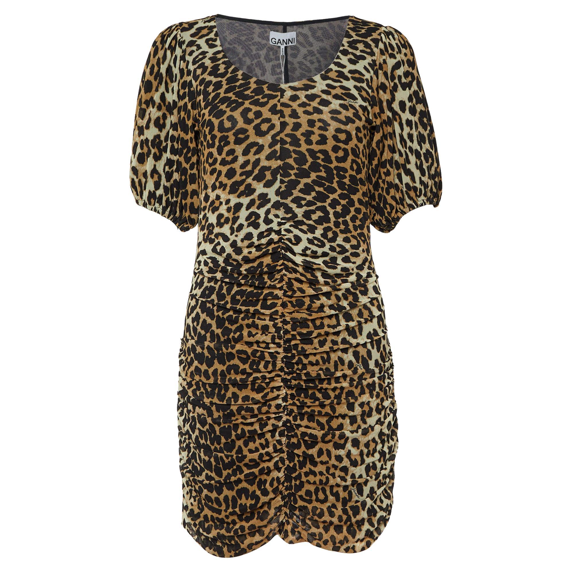 Ganni Brown Animal Printed Mesh Ruched Mini Dress S For Sale