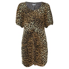 Ganni Brown Animal Printed Mesh Ruched Mini Dress S