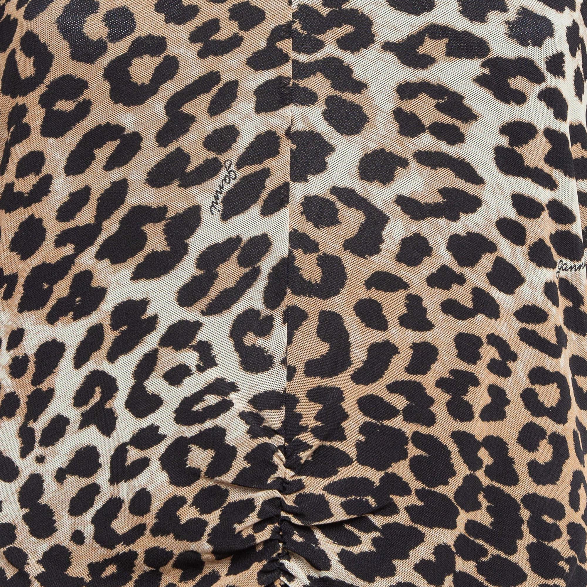 Nero Ganni Brown Brown Leopard Print Jersey Mesh Ruched Mini Dress L in vendita