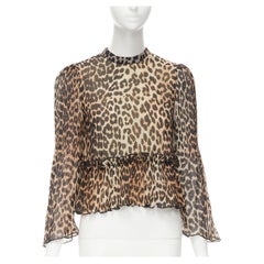 GANNI brown leopard polyester pleated frill trim short top FR34 XS