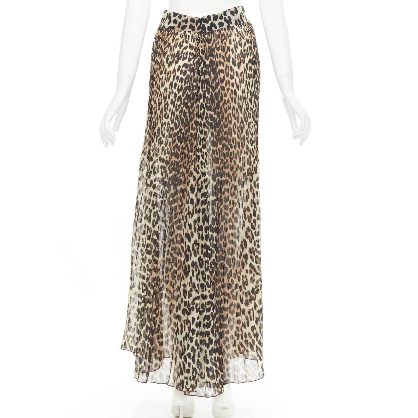 Beige GANNI brown leopard print pleated full length skirt FR34 XS For Sale