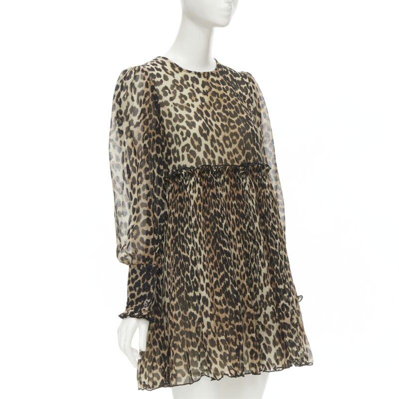 Grigio GANNI abito babydoll svasato a pieghe con stampa leopardata marrone FR36 S in vendita