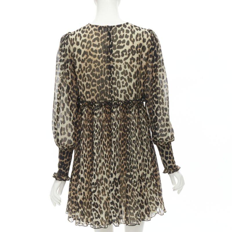Donna GANNI abito babydoll svasato a pieghe con stampa leopardata marrone FR36 S in vendita