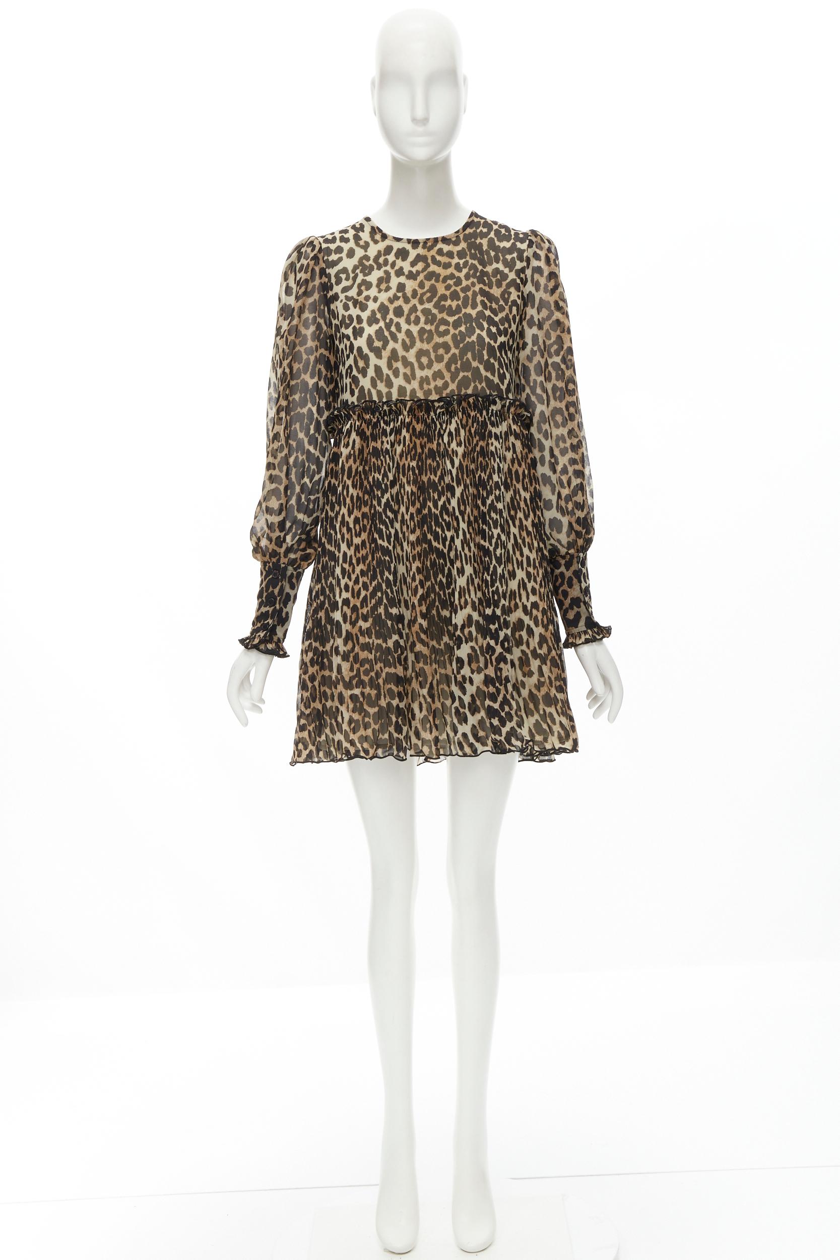 GANNI brown leopard spot print pleated flared babydoll dress FR36 S For Sale 1