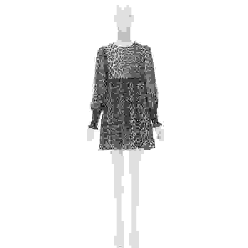 GANNI abito babydoll svasato a pieghe con stampa leopardata marrone FR36 S in vendita 4