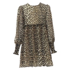 GANNI vestido babydoll acampanado plisado con estampado de manchas de leopardo marrón FR36 S