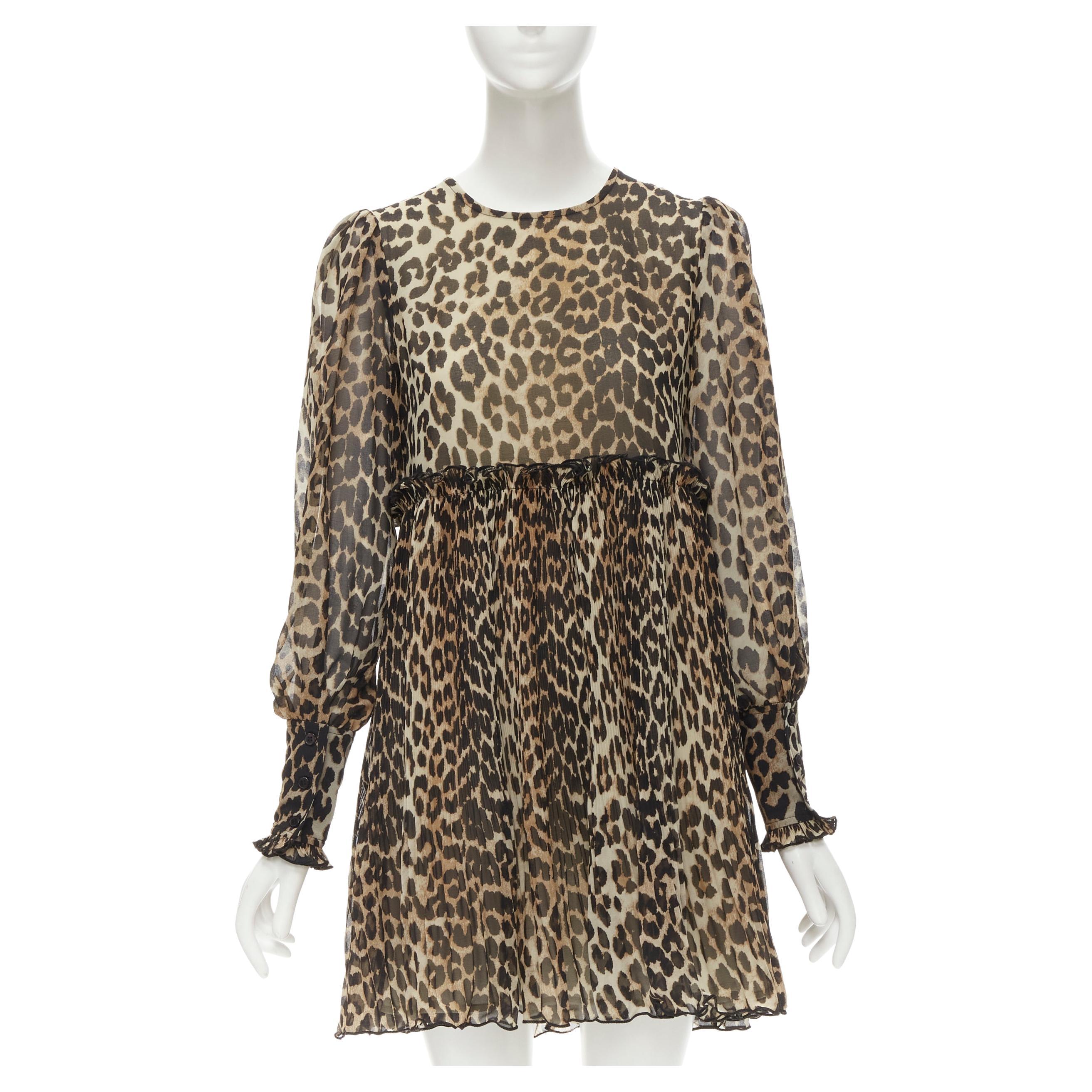 GANNI brown leopard spot print pleated flared babydoll dress FR36 S For Sale