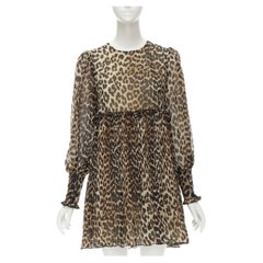 GANNI brown leopard spot print pleated flared babydoll dress FR36 S