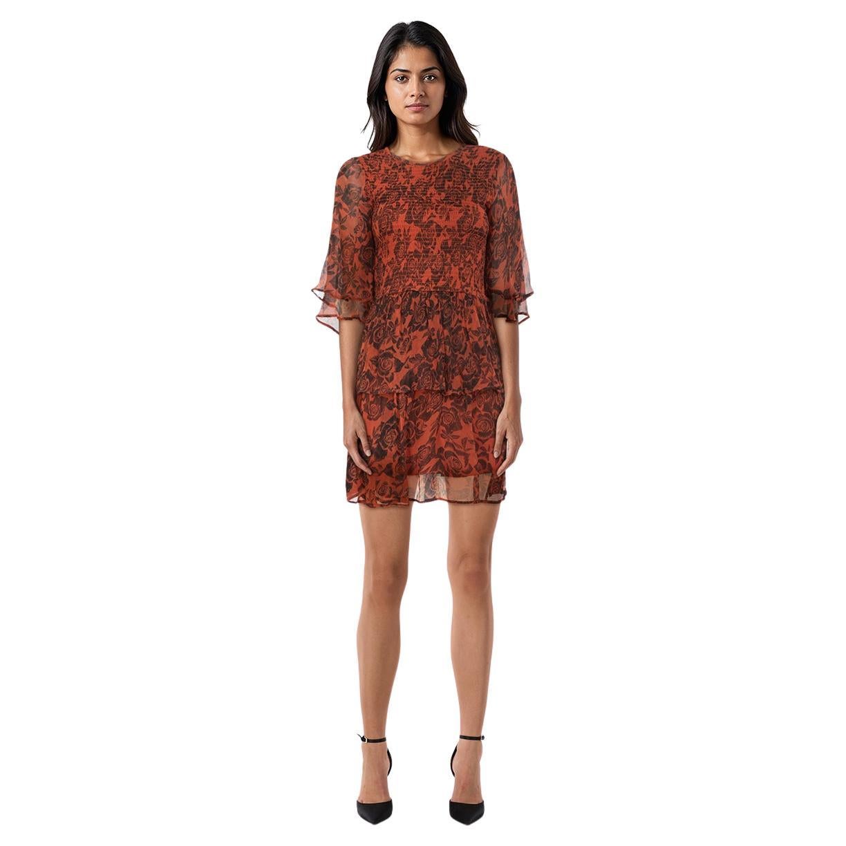 Ganni Brown Rose Print Tiered Dress Size XS